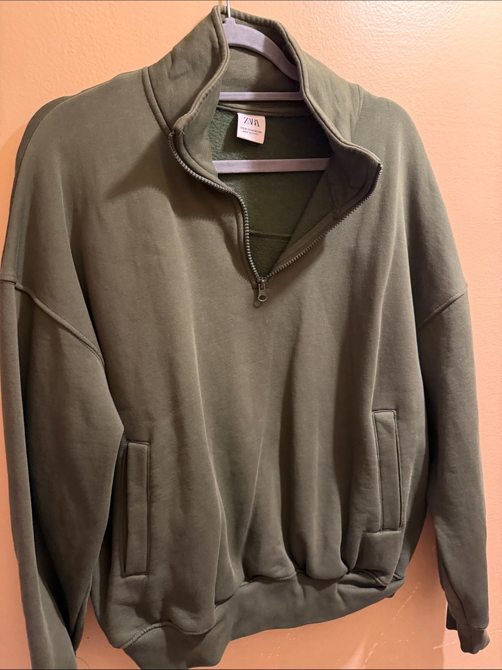 Zara Men Olive Half-Zip Sweatshirt with Front Pockets
